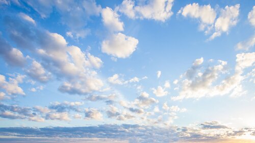 Blue sky clouds background, Beautiful landscape with clouds and orange sun on sky